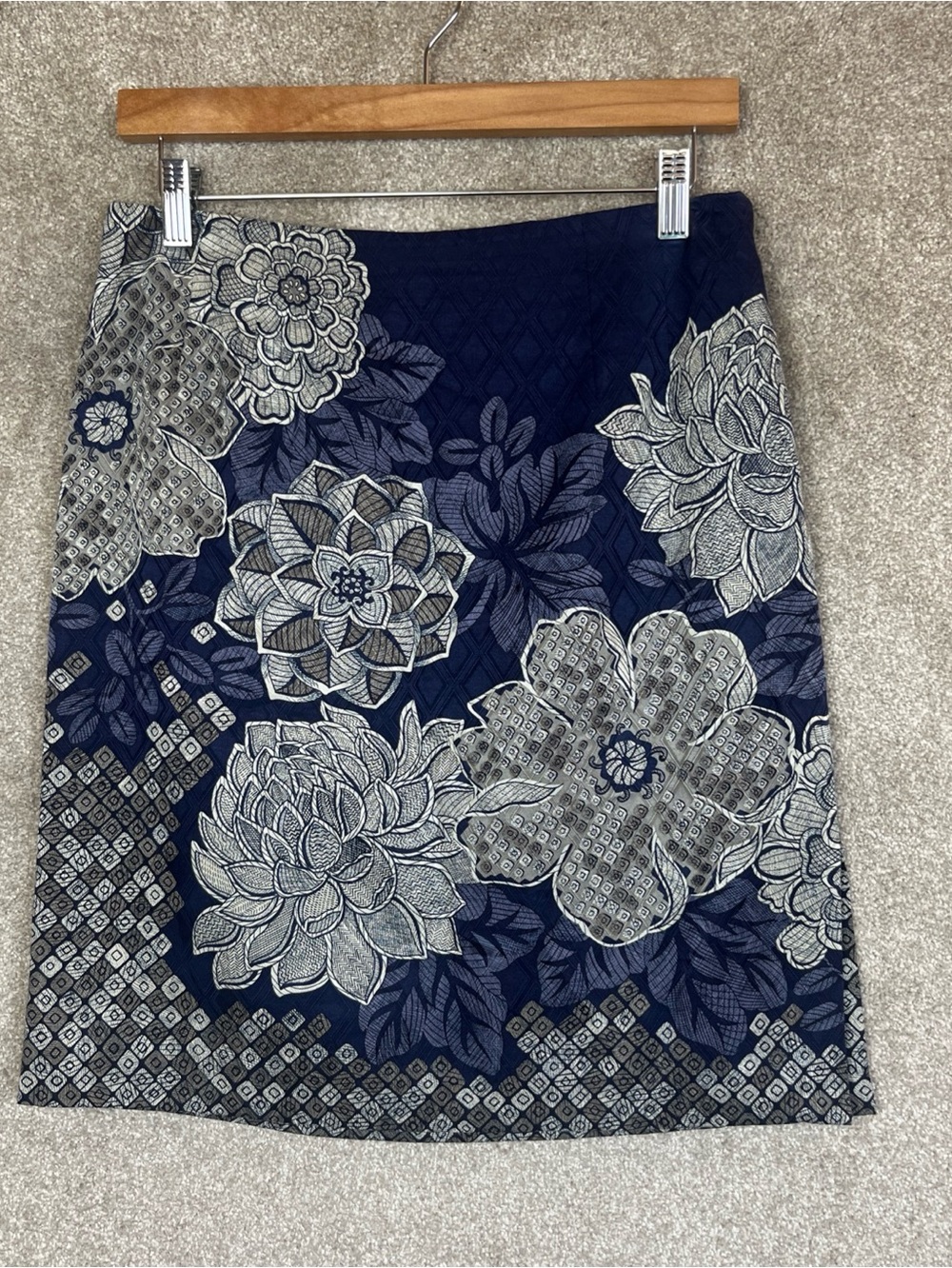 Talbots Skirt Womens 8 Petite Blue Floral Cotton Silk Pencil Lined Zip- 5101